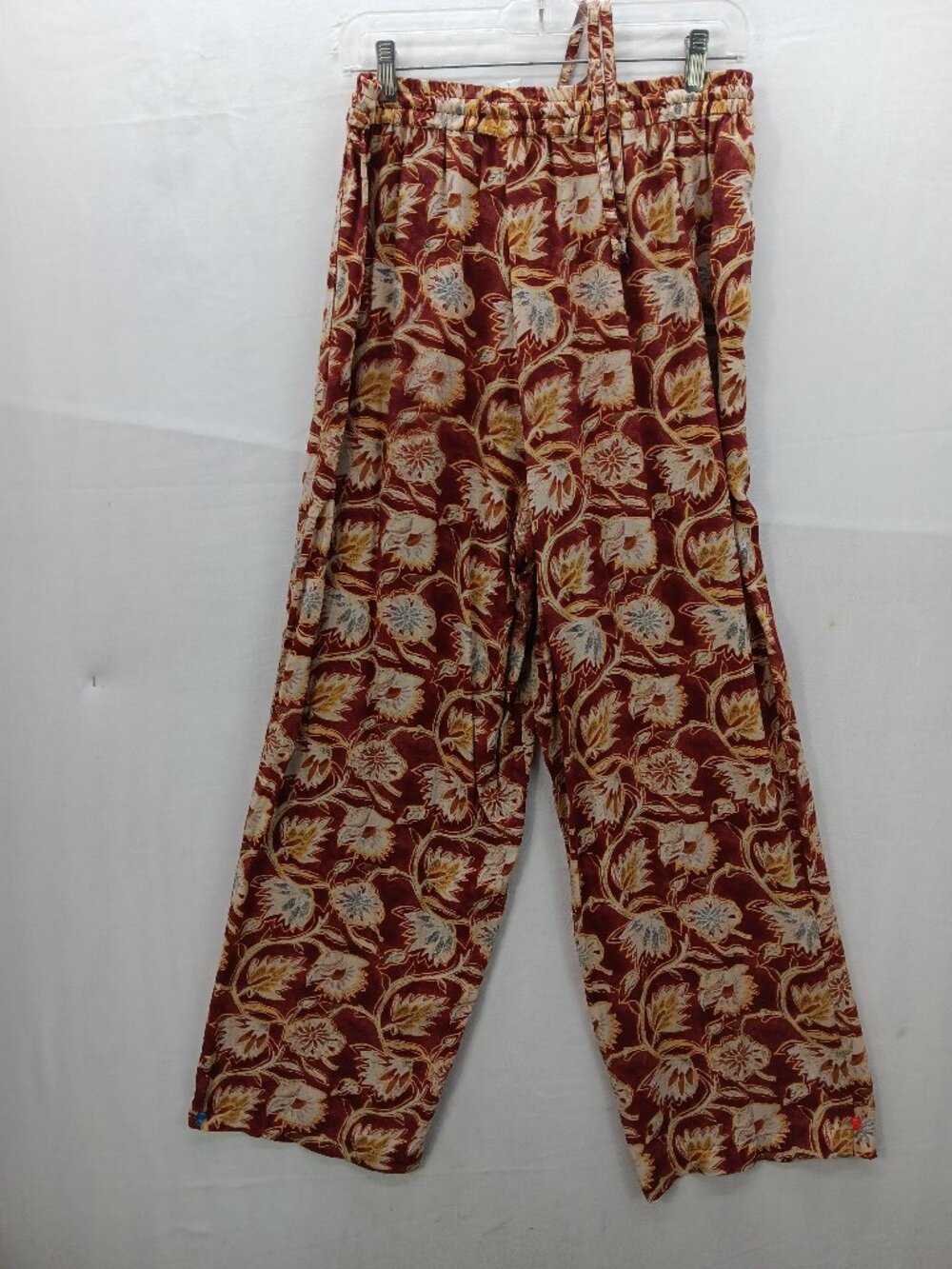 Anna Gray Women's Large Floral Wide Leg Pants Burgundy Boho Elastic Waist